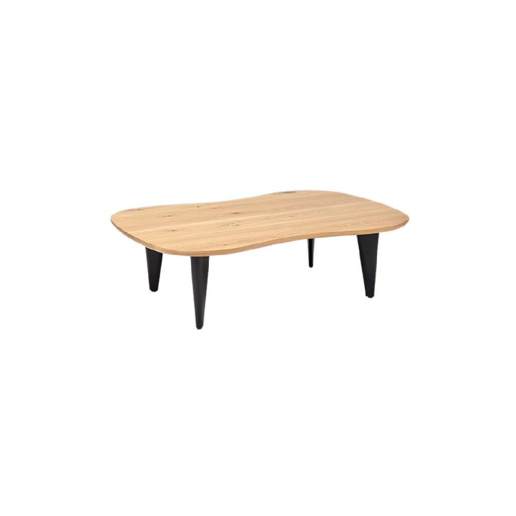 Sleek Modern Coffee Table with Curved Wooden Top and Black Legs