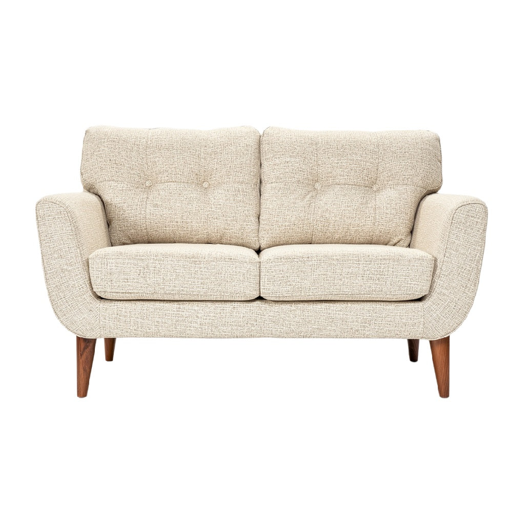 "Modern Beige Upholstered Loveseat with Wooden Legs"