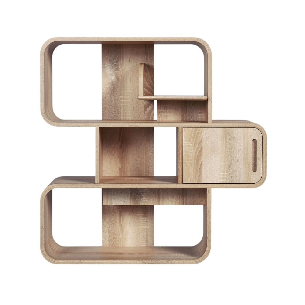 Modern Wood Storage Unit with Open Shelves and Drawer
