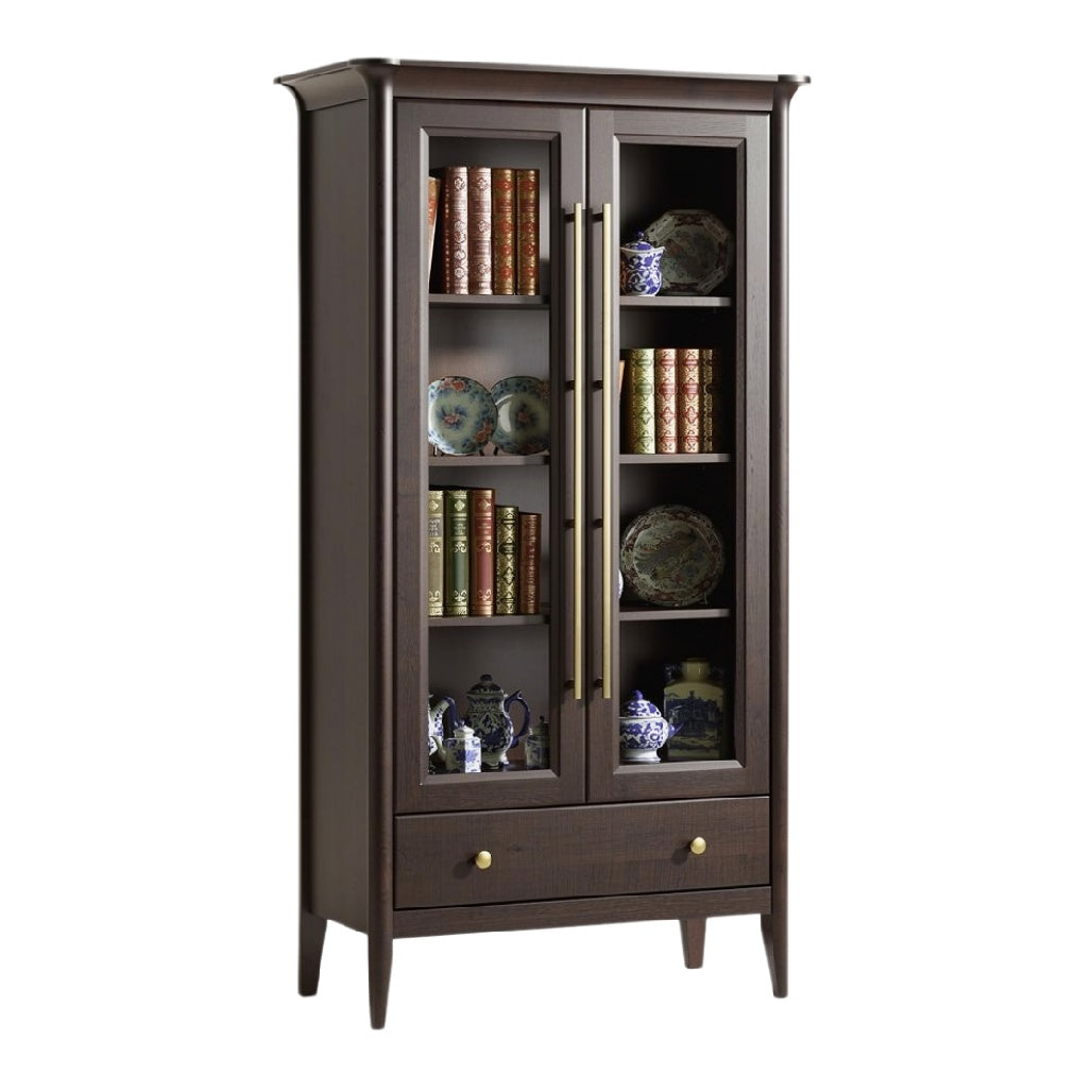 Classic Dark Wood Display Cabinet with Glass Doors and Shelves